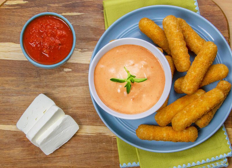 Cheesy Tomato Dip with Mozzarella Sticks