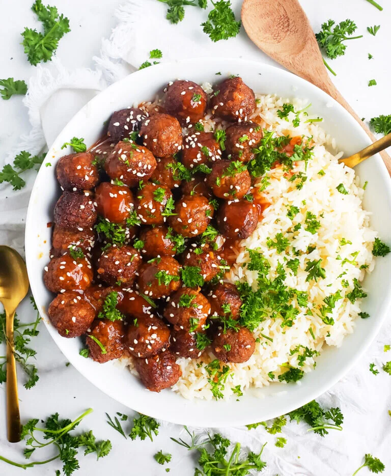 Sweet & Tangy Sesame Meatballs & Rice | Farmrich