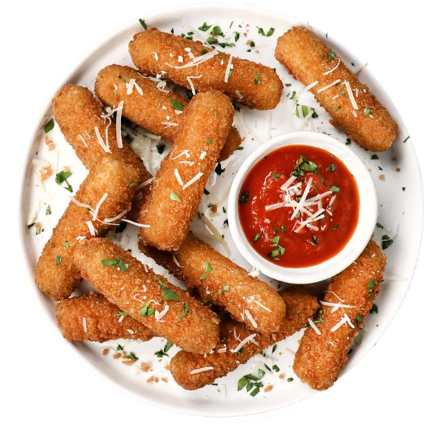 Farm Rich mozzarella sticks and marinara sauce on a plate.